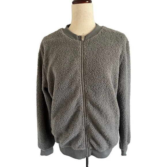 NWT MIROL Women's Sherpa Fleece Full Zip Fuzzy Grey Bomber Style Jacket Size M - Picture 1 of 11